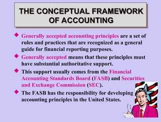 THE CONCEPTUAL FRAMEWORK
OF ACCOUNTING
 Generally accepted accounting principles are a set of
rules and practices that are recognized as a general
guide for financial reporting purposes.
 Generally accepted means that these principles must
have substantial authoritative support.
 This support usually comes from the Financial
Accounting Standards Board (FASB) and Securities
and Exchange Commission (SEC).
 The FASB has the responsibility for developing
accounting principles in the United States.
 