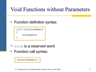 C++ Programming: From Problem Analysis to Program Design, Fourth Edition 6
Void Functions without Parameters
• Function definition syntax:
• void is a reserved word
• Function call syntax:
 