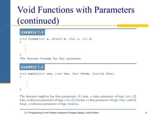 C++ Programming: From Problem Analysis to Program Design, Fourth Edition 8
Void Functions with Parameters
(continued)
 
