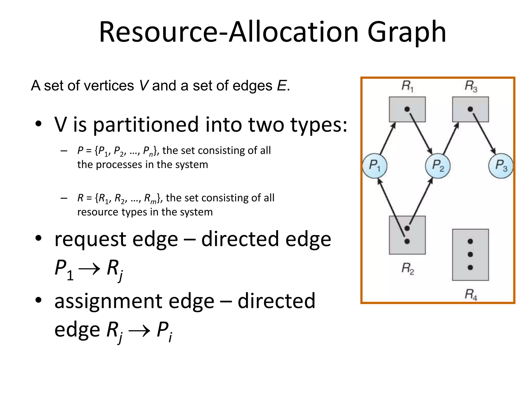 Resource-Allocation Graph
• V is partitioned into two types:
– P = {P1, P2, …, Pn}, the set consisting of all
the processes in the system
– R = {R1, R2, …, Rm}, the set consisting of all
resource types in the system
• request edge – directed edge
P1  Rj
• assignment edge – directed
edge Rj  Pi
A set of vertices V and a set of edges E.
 