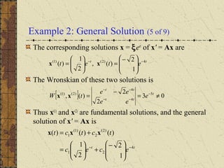 Example 2: General Solution (5 of 9)
The corresponding solutions x = ξert
of x' = Ax are
The Wronskian of these two solutions is
Thus x(1)
and x(2)
are fundamental solutions, and the general
solution of x' = Ax is
tt
etet 4)2()1(
1
2
)(,
2
1
)( −−







−
=





= xx
[ ] 03
2
2
)(, 5
4
4
)2()1(
≠=
−
= −
−−
−−
t
tt
tt
e
ee
ee
tW xx
tt
ecec
tctct
4
21
)2(
2
)1(
1
1
2
2
1
)()()(
−−







−
+





=
+= xxx
 