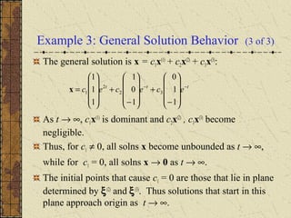 Example 3: General Solution Behavior (3 of 3)
The general solution is x = c1x(1)
+ c2x(2)
+ c3x(3)
:
As t → ∞, c1x(1)
is dominant and c2x(2)
, c3x(3)
become
negligible.
Thus, for c1 ≠ 0, all solns x become unbounded as t → ∞,
while for c1 = 0, all solns x → 0 as t → ∞.
The initial points that cause c1 = 0 are those that lie in plane
determined by ξ(2)
and ξ(3)
. Thus solutions that start in this
plane approach origin as t → ∞.
ttt
ececec −−










−
+










−
+










=
1
1
0
1
0
1
1
1
1
32
2
1x
 