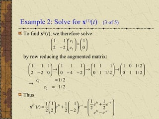 Example 2: Solve for x(1)
(t) (3 of 5)
To find x(1)
(t), we therefore solve
by row reducing the augmented matrix:
Thus
2/1
2/1
2/110
2/101
2/110
111
240
111
022
111
2
1
=
=
→






→





→





−−
→





−
c
c








−
+
=





−
+





=
−
−
−
tt
tt
tt
ee
ee
eet
3
3
3)1(
2
1
2
1
2
1
2
1
2
1
2
1
)(x






=











− 0
1
22
11
2
1
c
c
 
