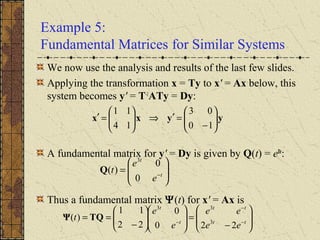 Example 5:
Fundamental Matrices for Similar Systems
We now use the analysis and results of the last few slides.
Applying the transformation x = Ty to x' = Ax below, this
system becomes y' = T-1
ATy = Dy:
A fundamental matrix for y' = Dy is given by Q(t) = eDt
:
Thus a fundamental matrix Ψ(t) for x' = Ax is
yyxx 





−
=′⇒





=′
10
03
14
11








= −t
t
e
e
t
0
0
)(
3
Q








−
=













−
== −
−
− tt
tt
t
t
ee
ee
e
e
t
220
0
22
11
)( 3
33
TQΨ
 