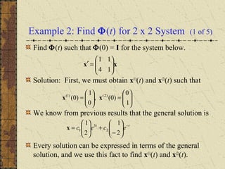 Example 2: Find Φ(t) for 2 x 2 System (1 of 5)
Find Φ(t) such that Φ(0) = I for the system below.
Solution: First, we must obtain x(1)
(t) and x(2)
(t) such that
We know from previous results that the general solution is
Every solution can be expressed in terms of the general
solution, and we use this fact to find x(1)
(t) and x(2)
(t).
xx 





=′
14
11
tt
ecec −






−
+





=
2
1
2
1
2
3
1x






=





=
1
0
)0(,
0
1
)0( )2()1(
xx
 