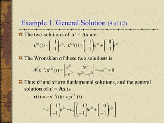 Example 1: General Solution (9 of 12)
The two solutions of x' = Ax are
The Wronskian of these two solutions is
Thus x(1)
and x(2)
are fundamental solutions, and the general
solution of x' = Ax is
[ ] 0)(, 4
222
22
)2()1(
≠−=
−−
= t
ttt
tt
e
etee
tee
tW xx












−
+





−
+





−
=
+=
ttt
etecec
tctct
22
2
2
1
)2(
2
)1(
1
1
0
1
1
1
1
)()()( xxx
ttt
etetet 22)2(2)1(
1
0
1
1
)(,
1
1
)( 





−
+





−
=





−
= xx
 
