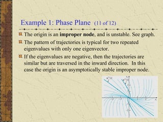 Example 1: Phase Plane (11 of 12)
The origin is an improper node, and is unstable. See graph.
The pattern of trajectories is typical for two repeated
eigenvalues with only one eigenvector.
If the eigenvalues are negative, then the trajectories are
similar but are traversed in the inward direction. In this
case the origin is an asymptotically stable improper node.
 
