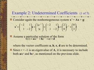 Example 2: Undetermined Coefficients (1 of 5)
Consider again the nonhomogeneous system x' = Ax + g:
Assume a particular solution of the form
where the vector coefficents a, b, c, d are to be determined.
Since r = -1 is an eigenvalue of A, it is necessary to include
both ate-t
and be-t
, as mentioned on the previous slide.
te
t
e t
t






+





+





−
−
=







+





−
−
=′ −
−
3
0
0
2
21
12
3
2
21
12
xxx
dcbav +++= −−
tetet tt
)(
 