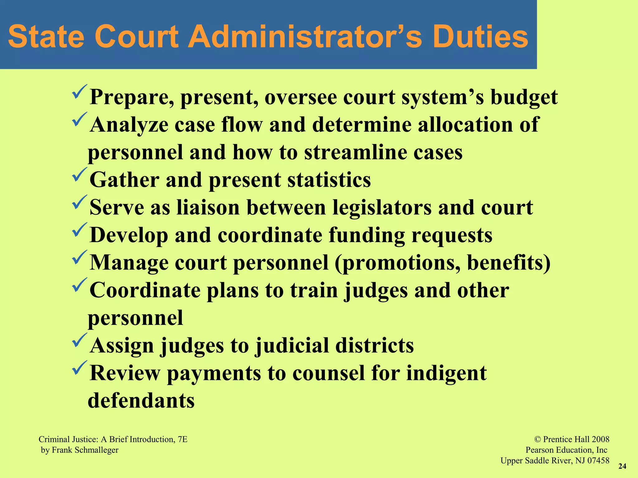 © Prentice Hall 2008
Pearson Education, Inc
Upper Saddle River, NJ 07458
Criminal Justice: A Brief Introduction, 7E
by Frank Schmalleger
24
State Court Administrator’s Duties
Prepare, present, oversee court system’s budget
Analyze case flow and determine allocation of
personnel and how to streamline cases
Gather and present statistics
Serve as liaison between legislators and court
Develop and coordinate funding requests
Manage court personnel (promotions, benefits)
Coordinate plans to train judges and other
personnel
Assign judges to judicial districts
Review payments to counsel for indigent
defendants
 