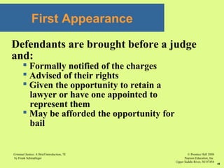 © Prentice Hall 2008
Pearson Education, Inc
Upper Saddle River, NJ 07458
Criminal Justice: A Brief Introduction, 7E
by Frank Schmalleger
48
First Appearance
Defendants are brought before a judge
and:
 Formally notified of the charges
 Advised of their rights
 Given the opportunity to retain a
lawyer or have one appointed to
represent them
 May be afforded the opportunity for
bail
 
