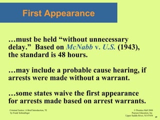 © Prentice Hall 2008
Pearson Education, Inc
Upper Saddle River, NJ 07458
Criminal Justice: A Brief Introduction, 7E
by Frank Schmalleger
49
First Appearance
…must be held “without unnecessary
delay.” Based on McNabb v. U.S. (1943),
the standard is 48 hours.
…may include a probable cause hearing, if
arrests were made without a warrant.
…some states waive the first appearance
for arrests made based on arrest warrants.
 