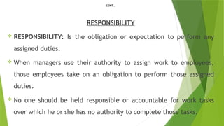 CONT…
RESPONSIBILITY
 RESPONSIBILITY: Is the obligation or expectation to perform any
assigned duties.
 When managers use their authority to assign work to employees,
those employees take on an obligation to perform those assigned
duties.
 No one should be held responsible or accountable for work tasks
over which he or she has no authority to complete those tasks.
 