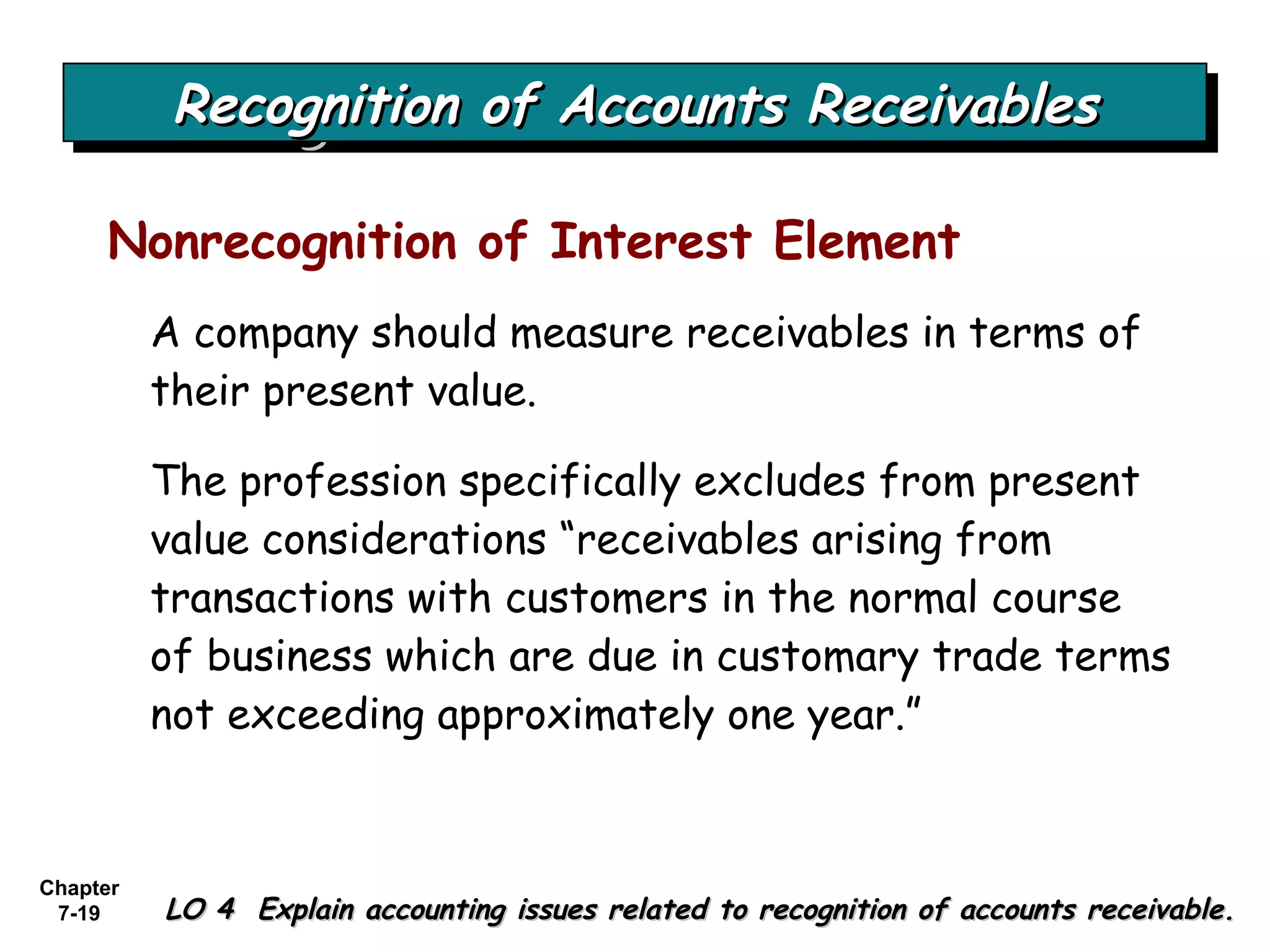 Chapter
7-19
A company should measure receivables in terms of
their present value.
The profession specifically excludes from present
value considerations “receivables arising from
transactions with customers in the normal course
of business which are due in customary trade terms
not exceeding approximately one year.”
Nonrecognition of Interest Element
LO 4 Explain accounting issues related to recognition of accounts receivable.LO 4 Explain accounting issues related to recognition of accounts receivable.
Recognition of Accounts ReceivablesRecognition of Accounts ReceivablesRecognition of Accounts ReceivablesRecognition of Accounts Receivables
 