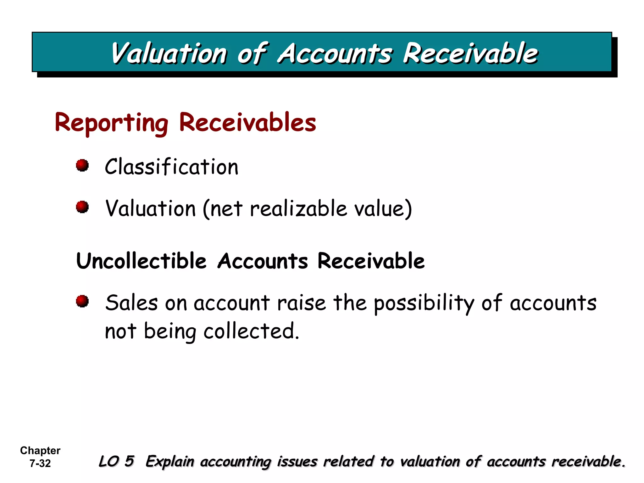 Chapter
7-32
Valuation of Accounts ReceivableValuation of Accounts ReceivableValuation of Accounts ReceivableValuation of Accounts Receivable
LO 5 Explain accounting issues related to valuation of accounts receivable.LO 5 Explain accounting issues related to valuation of accounts receivable.
Reporting Receivables
Classification
Valuation (net realizable value)
Uncollectible Accounts Receivable
Sales on account raise the possibility of accounts
not being collected.
 
