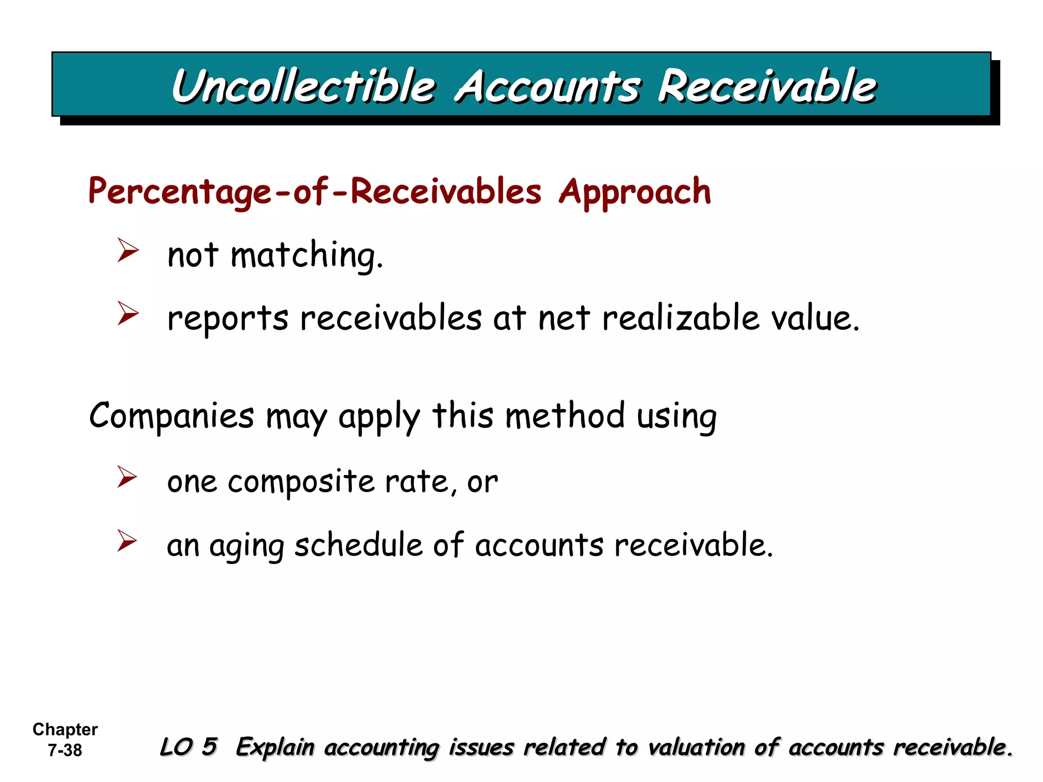 Chapter
7-38
Uncollectible Accounts ReceivableUncollectible Accounts ReceivableUncollectible Accounts ReceivableUncollectible Accounts Receivable
LO 5 Explain accounting issues related to valuation of accounts receivable.LO 5 Explain accounting issues related to valuation of accounts receivable.
Percentage-of-Receivables Approach
 not matching.
 reports receivables at net realizable value.
Companies may apply this method using
 one composite rate, or
 an aging schedule of accounts receivable.
 