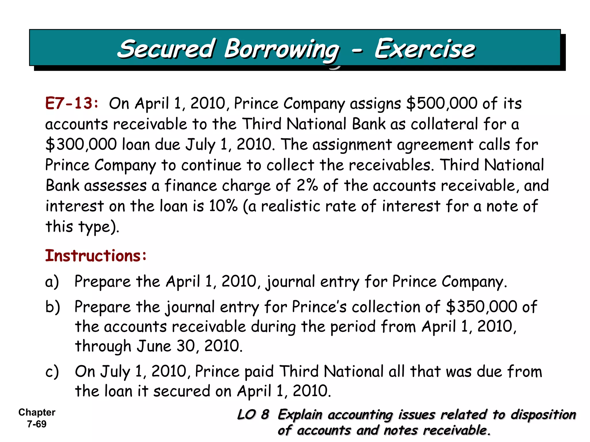 Chapter
7-69
E7-13: On April 1, 2010, Prince Company assigns $500,000 of its
accounts receivable to the Third National Bank as collateral for a
$300,000 loan due July 1, 2010. The assignment agreement calls for
Prince Company to continue to collect the receivables. Third National
Bank assesses a finance charge of 2% of the accounts receivable, and
interest on the loan is 10% (a realistic rate of interest for a note of
this type).
Secured Borrowing - ExerciseSecured Borrowing - ExerciseSecured Borrowing - ExerciseSecured Borrowing - Exercise
LO 8LO 8 Explain accounting issues related to dispositionExplain accounting issues related to disposition
of accounts and notes receivable.of accounts and notes receivable.
Instructions:
a) Prepare the April 1, 2010, journal entry for Prince Company.
b) Prepare the journal entry for Prince’s collection of $350,000 of
the accounts receivable during the period from April 1, 2010,
through June 30, 2010.
c) On July 1, 2010, Prince paid Third National all that was due from
the loan it secured on April 1, 2010.
 