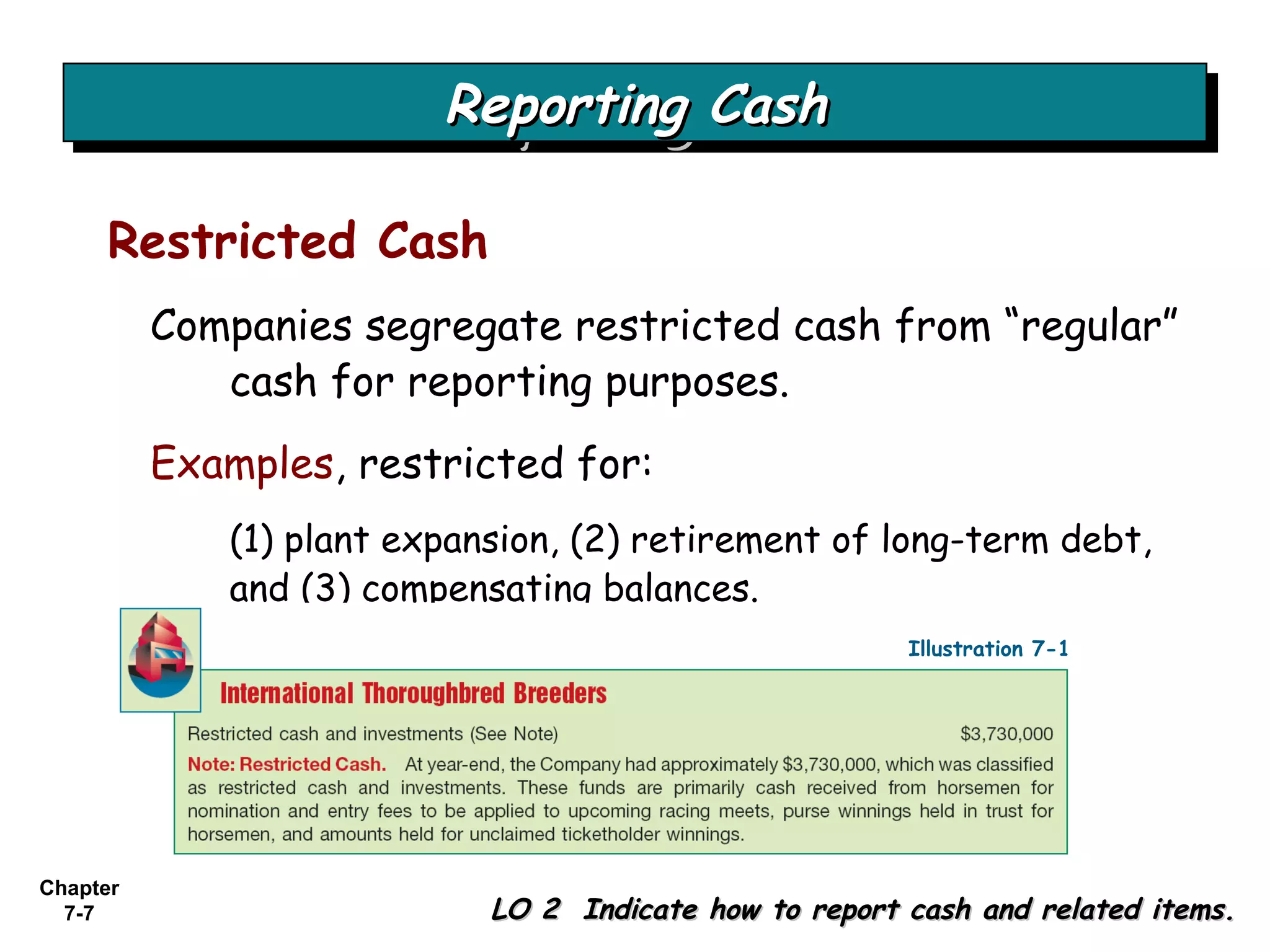 Chapter
7-7
Companies segregate restricted cash from “regular”
cash for reporting purposes.
Examples, restricted for:
(1) plant expansion, (2) retirement of long-term debt,
and (3) compensating balances.
Reporting CashReporting CashReporting CashReporting Cash
LO 2 Indicate how to report cash and related items.LO 2 Indicate how to report cash and related items.
Restricted Cash
Illustration 7-1
 