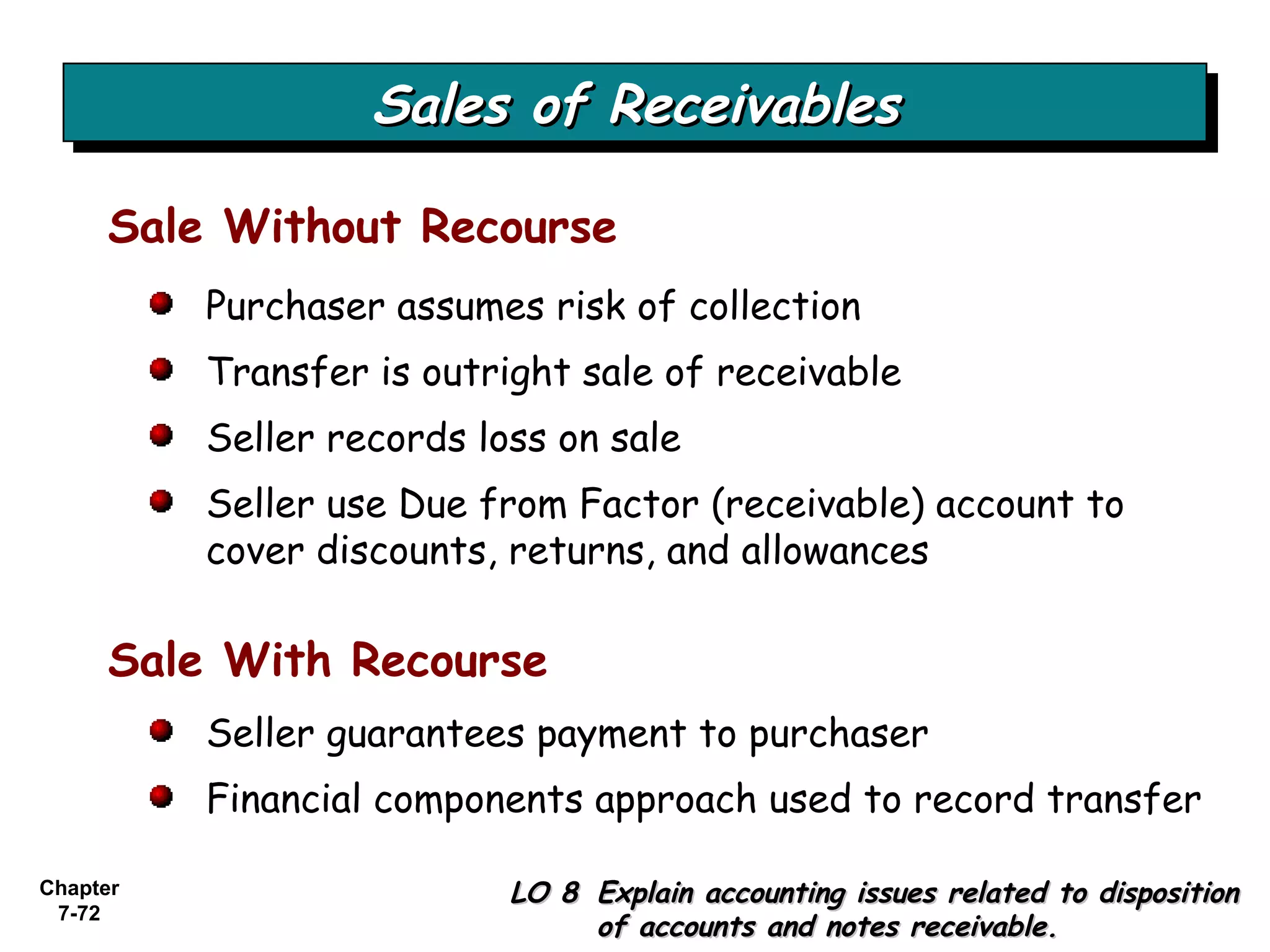 Chapter
7-72
Sale Without Recourse
Purchaser assumes risk of collection
Transfer is outright sale of receivable
Seller records loss on sale
Seller use Due from Factor (receivable) account to
cover discounts, returns, and allowances
Sales of ReceivablesSales of ReceivablesSales of ReceivablesSales of Receivables
Sale With Recourse
Seller guarantees payment to purchaser
Financial components approach used to record transfer
LO 8LO 8 Explain accounting issues related to dispositionExplain accounting issues related to disposition
of accounts and notes receivable.of accounts and notes receivable.
 