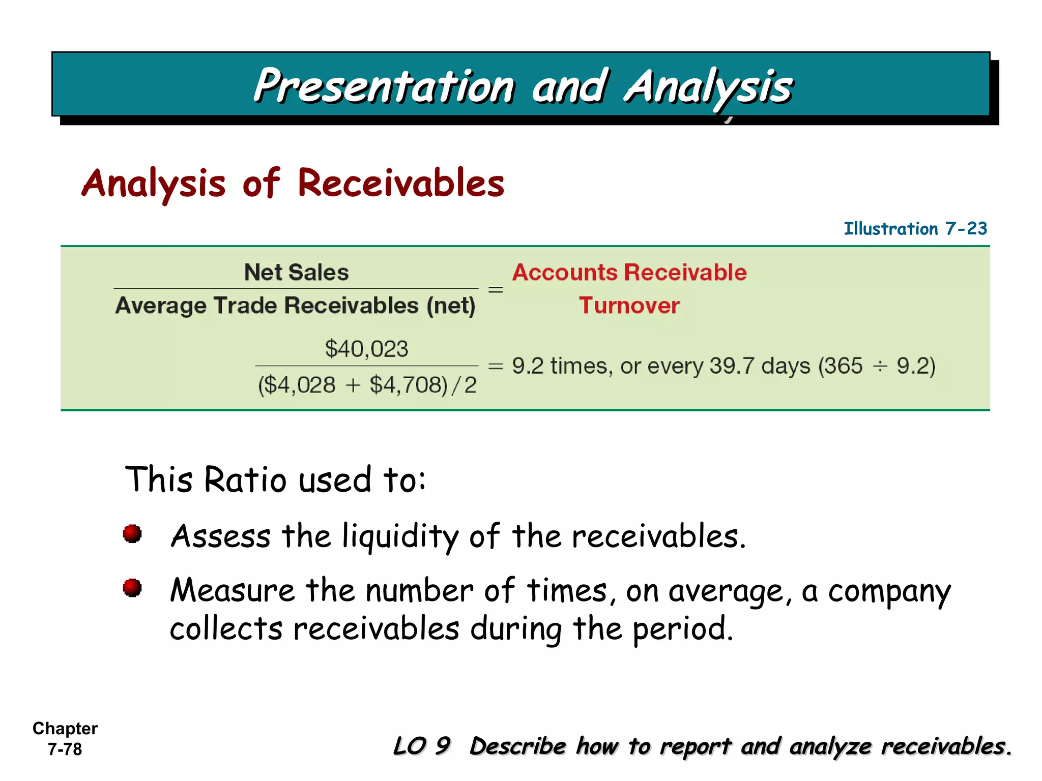 Chapter
7-78
Analysis of Receivables
Presentation and AnalysisPresentation and AnalysisPresentation and AnalysisPresentation and Analysis
This Ratio used to:
Assess the liquidity of the receivables.
Measure the number of times, on average, a company
collects receivables during the period.
Illustration 7-23
LO 9 Describe how to report and analyze receivables.LO 9 Describe how to report and analyze receivables.
 