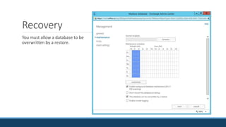 Recovery
You must allow a database to be
overwritten by a restore.
 