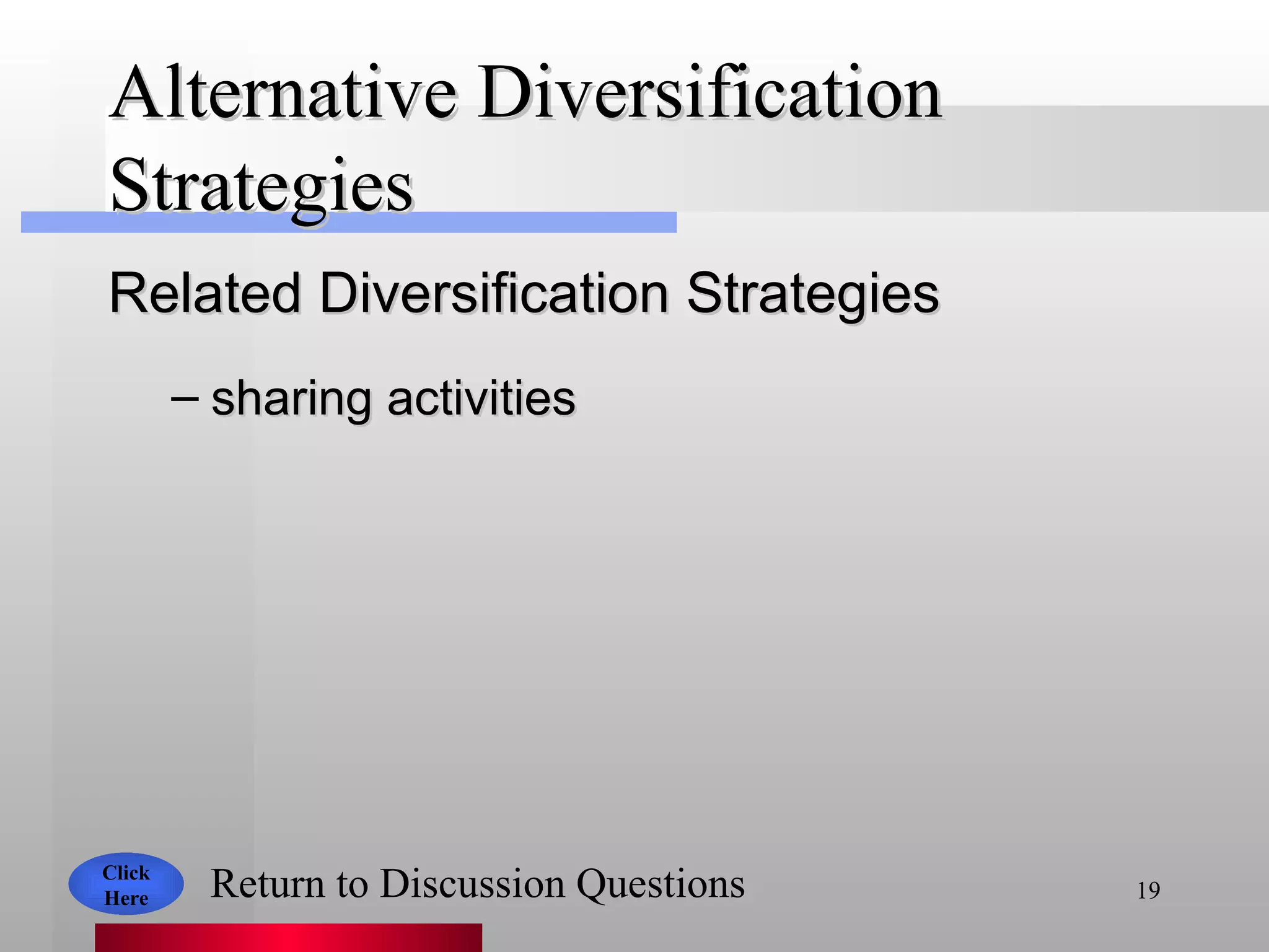 Alternative Diversification Strategies Related Diversification Strategies sharing activities Click Here Return to Discussion Questions 