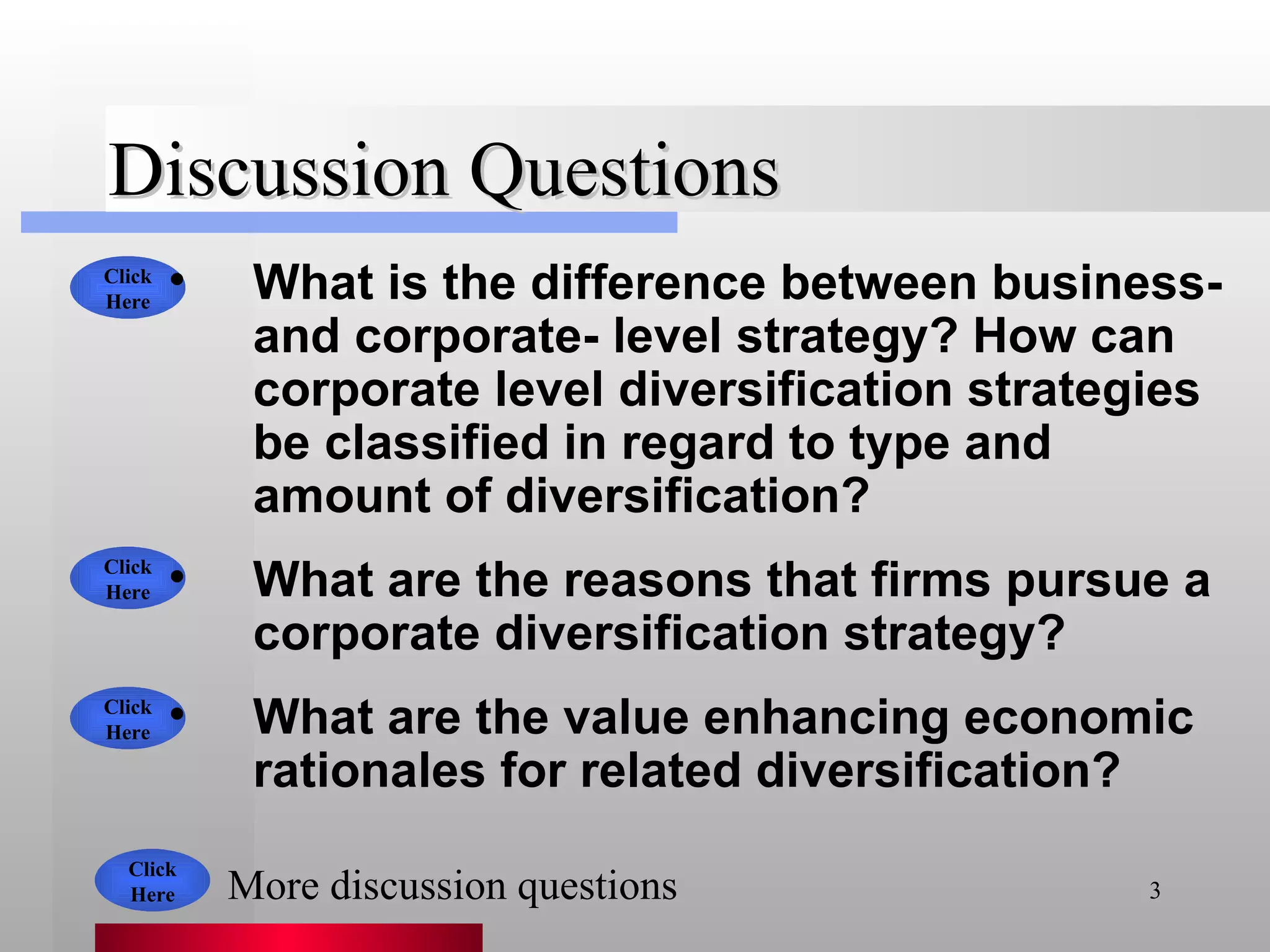 Discussion Questions What is the difference between business- and corporate- level strategy? How can corporate level diversification strategies be classified in regard to type and amount of diversification?   What are the reasons that firms pursue a corporate diversification strategy?  What are the value enhancing economic rationales for related diversification? Click Here Click Here Click Here Click Here More discussion questions 