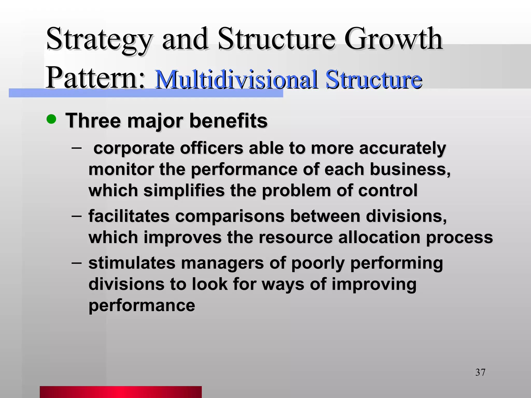 Strategy and Structure Growth Pattern: Three major benefits corporate officers able to more accurately monitor the performance of each business, which simplifies the problem of control facilitates comparisons between divisions, which improves the resource allocation process stimulates managers of poorly performing divisions to look for ways of improving performance Multidivisional Structure 