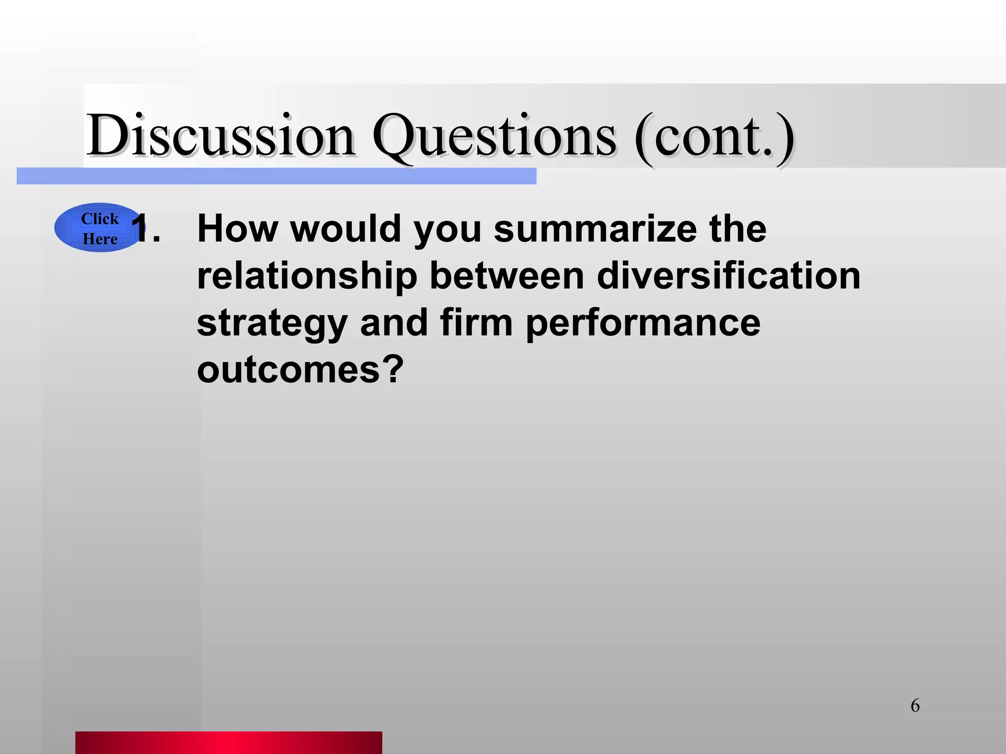 Discussion Questions (cont.) How would you summarize the relationship between diversification strategy and firm performance outcomes? Click Here 