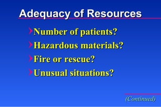 Adequacy of Resources Number of patients? Hazardous materials? Fire or rescue? Unusual situations? (Continued) 