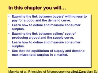 Mankiw et al. Principles of Microeconomics, 2nd Canadian Edi
• Examine the link between buyers’ willingness to
pay for a good and the demand curve.
• Learn how to define and measure consumer
surplus.
• Examine the link between sellers’ cost of
producing a good and the supply curve.
• Learn how to define and measure consumer
surplus.
• See that the equilibrium of supply and demand
maximizes total surplus in a market.
• Examine the link between buyers’ willingness to
pay for a good and the demand curve.
• Learn how to define and measure consumer
surplus.
• Examine the link between sellers’ cost of
producing a good and the supply curve.
• Learn how to define and measure consumer
surplus.
• See that the equilibrium of supply and demand
maximizes total surplus in a market.
In this chapter you will…In this chapter you will…
 