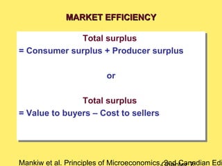 Mankiw et al. Principles of Microeconomics, 2nd Canadian Edi
Total surplus
= Consumer surplus + Producer surplus
or
Total surplus
= Value to buyers – Cost to sellers
Total surplus
= Consumer surplus + Producer surplus
or
Total surplus
= Value to buyers – Cost to sellers
MARKET EFFICIENCYMARKET EFFICIENCY
 
