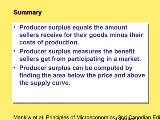 Mankiw et al. Principles of Microeconomics, 2nd Canadian Edi
SummarySummary
• Producer surplus equals the amount
sellers receive for their goods minus their
costs of production.
• Producer surplus measures the benefit
sellers get from participating in a market.
• Producer surplus can be computed by
finding the area below the price and above
the supply curve.
• Producer surplus equals the amount
sellers receive for their goods minus their
costs of production.
• Producer surplus measures the benefit
sellers get from participating in a market.
• Producer surplus can be computed by
finding the area below the price and above
the supply curve.
 