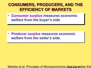 Mankiw et al. Principles of Microeconomics, 2nd Canadian Edi
• Consumer surplus measures economic
welfare from the buyer’s side
• Consumer surplus measures economic
welfare from the buyer’s side
• Producer surplus measures economic
welfare from the seller’s side.
• Producer surplus measures economic
welfare from the seller’s side.
CONSUMERS, PRODUCERS, AND THECONSUMERS, PRODUCERS, AND THE
EFFICIENCY OF MARKETSEFFICIENCY OF MARKETS
 