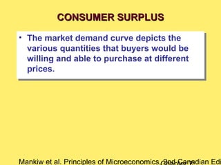 Mankiw et al. Principles of Microeconomics, 2nd Canadian Edi
CONSUMER SURPLUSCONSUMER SURPLUS
• The market demand curve depicts the
various quantities that buyers would be
willing and able to purchase at different
prices.
• The market demand curve depicts the
various quantities that buyers would be
willing and able to purchase at different
prices.
 