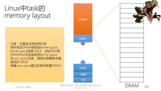 創作共用-姓名 標示-非商業性-相同方式分享
CC-BY-NC-SA
中正大學 – 羅習五 100
Linux中task的
memory layout
DRAM
.txt
.data
heap
stack
kernel
� 注意：右圖並沒有按照比例
� 將所有的DRAM映射到kernel space，
kernel space高達128GB，因此可以將
DRAM可以完全映射到kernel space
� 在user space方面，通常記憶體需求量
遠低於128GB
� 根據user space真正的需求配置DRAM
 