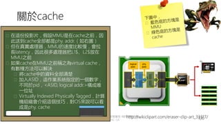 創作共用-姓名 標示-非商業性-相同方式分享
CC-BY-NC-SA
中正大學 – 羅習五 106
關於cache
DRAM
controller
cache
MMU
core
logical
addr.
phy.
addr.
� 在這份投影片，假設MMU是在cache之前，因
此送到cache全部都是phy. addr.（如右圖）
� 但在真實處理器，MMU的速度比較慢，會拉
長latency，因此很多處理器把L1$、L2$放在
MMU之前
� 如果cache在MMU之前稱之為virtual cache，
有數種方法可以解決
� 將cache中的資料全部清楚
� 加入ASID，這作業系統指定的一個數字，
不同於pid，<ASID, logical addr.>構成唯
一位址
� Virtually Indexed Physically Tagged，計算
機組織會介紹這個技巧，對OS來說可以看
成是phy. cache
http://wikiclipart.com/eraser-clip-art_33317/
 