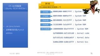 創作共用-姓名 標示-非商業性-相同方式分享
CC-BY-NC-SA
中正大學 – 羅習五 16
00001000-00057fff : System RAM
00059000-0009efff : System RAM
00100000-31135fff : System RAM
31181000-3a1a9fff : System RAM
100000000-8beffffff : System RAM
6d7000000-6d7c031d0 : Kernel code
6d7c031d1-6d866a03f : Kernel data
6d88e2000-6d8b3dfff : Kernel bss
279KB
351KB
784MB
144MB
31,728MB
OS lab伺服器
（Ubuntu 18.04 AMD64）
• cat /proc/iomem
• 這裡看到的是physical
address
可以與地9頁交叉對照一下
第9頁
 