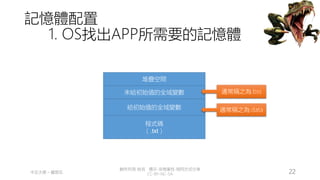 創作共用-姓名 標示-非商業性-相同方式分享
CC-BY-NC-SA
中正大學 – 羅習五 22
記憶體配置
1. OS找出APP所需要的記憶體
程式碼
（.txt）
給初始值的全域變數
未給初始值的全域變數
堆疊空間
通常稱之為.data
通常稱之為.bss
 