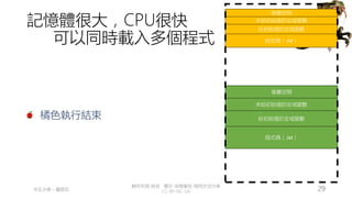 創作共用-姓名 標示-非商業性-相同方式分享
CC-BY-NC-SA
中正大學 – 羅習五 29
記憶體很大，CPU很快
可以同時載入多個程式
橘色執行結束
堆疊空間
程式碼（.txt）
給初始值的全域變數
未給初始值的全域變數
堆疊空間
程式碼（.txt）
給初始值的全域變數
未給初始值的全域變數
 