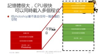 創作共用-姓名 標示-非商業性-相同方式分享
CC-BY-NC-SA
中正大學 – 羅習五 33
記憶體很大，CPU很快
可以同時載入多個程式
但photoshop塞不進去任何一塊連續的
空間
堆疊空間
程式碼（.txt）
給初始值的全域變數
未給初始值的全域變數
堆疊空間
程式碼（.txt）
給初始值的全域變數
未給初始值的全域變數
堆疊空間
程式碼（.txt）
Photoshop
給初始值的全域變數
未給初始值的全域變數
不夠🙅
🏻
 
