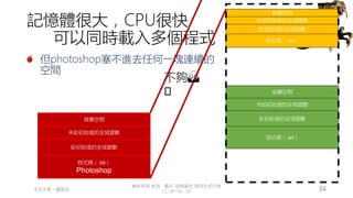創作共用-姓名 標示-非商業性-相同方式分享
CC-BY-NC-SA
中正大學 – 羅習五 34
記憶體很大，CPU很快
可以同時載入多個程式
但photoshop塞不進去任何一塊連續的
空間
堆疊空間
程式碼（.txt）
給初始值的全域變數
未給初始值的全域變數
堆疊空間
程式碼（.txt）
給初始值的全域變數
未給初始值的全域變數
堆疊空間
程式碼（.txt）
Photoshop
給初始值的全域變數
未給初始值的全域變數
不夠🙅
🏻
 