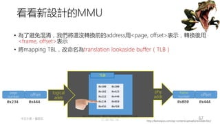 創作共用-姓名 標示-非商業性-相同方式分享
CC-BY-NC-SA
中正大學 – 羅習五 67
MMU
logical
addr.
phy.
addr.
TLB
0x100 0x200
0x102 0x423
0x212 0x440
0x234 0x8E0
0x456 0xFE0
page
number offset
0x234 0x444
• 為了避免混淆，我們將還沒轉換前的address用<page, offset>表示，轉換後用
<frame, offset>表示
• 將mapping TBL，改命名為translation lookaside buffer（TLB）
frame
number offset
0x8E0 0x444
http://fastraxpos.com/wp-content/uploads/revslider/bio/
看看新設計的MMU
 