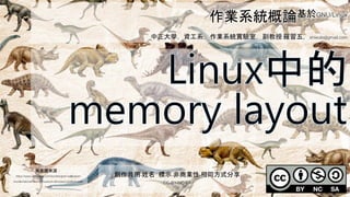 創作共用-姓名 標示-非商業性-相同方式分享
CC-BY-NC-SA
中正大學 – 羅習五 97
背景圖來源：
https://www.wallsauce.com/eu/designer-wallpaper-
murals/natural-history-museum-dinosaurs-pattern-wall-
mural
創作共用-姓名 標示-非商業性-相同方式分享
CC-BY-NC-SA
作業系統概論基於GNU/Linux
中正大學，資工系，作業系統實驗室，副教授 羅習五，shiwulo@gmail.com
 
