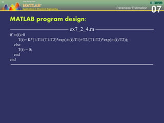 07Parameter Estimation
MATLAB program design:
─────────────── ex7_2_4.m ───────────────
if tt(i)>0
T(i)= K*(1-T1/(T1-T2)*exp(-tt(i)/T1)+T2/(T1-T2)*exp(-tt(i)/T2));
else
T(i) = 0;
end
end
─────────────────────────────────────────────────
58
 