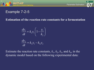 07Parameter Estimation
Example 7-2-5
Estimation of the reaction rate constants for a fermentation
Estimate the reaction rate constants, k1, k2, k3, and k4, in the
dynamic model based on the following experimental data:
61
 