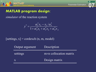 07Parameter Estimation
MATLAB program design:
simulator of the reaction system
[settings, x] = cordexch (n, m, model)
92
Output argument Description
settings mn collocation matrix
x Design matrix
 