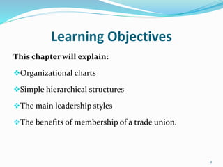 Learning Objectives
This chapter will explain:
Organizational charts
Simple hierarchical structures
The main leadership styles
The benefits of membership of a trade union.
2
 