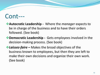 Cont---
Autocratic Leadership - Where the manager expects to
be in charge of the business and to have their orders
followed. (See book)
Democratic Leadership - Gets employees involved in the
decision-making process. (See book)
Laissez-faire – Makes the broad objectives of the
business known to employees, but then they are left to
make their own decisions and organize their own work.
(See book)
27
 