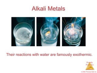Alkali Metals Their reactions with water are famously exothermic. 