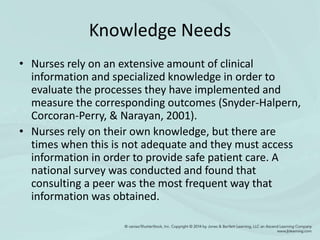 Knowledge Needs
• Nurses rely on an extensive amount of clinical
information and specialized knowledge in order to
evaluate the processes they have implemented and
measure the corresponding outcomes (Snyder-Halpern,
Corcoran-Perry, & Narayan, 2001).
• Nurses rely on their own knowledge, but there are
times when this is not adequate and they must access
information in order to provide safe patient care. A
national survey was conducted and found that
consulting a peer was the most frequent way that
information was obtained.
 